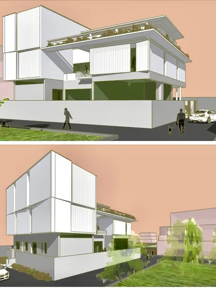 A duplicate image of the 'CUBE HOUSE' renders, showcasing the dynamic composition of forms.