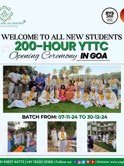 A welcome to our new students for the 200-hour YTTC in Goa. This collage shows the opening ceremony, where students are welcomed into our kulam with traditional garlands.