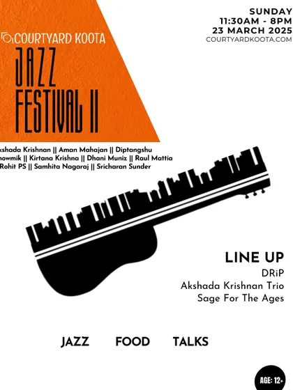 The official poster for the Courtyard Koota Jazz Festival II, highlighting the lineup of three bands and a workshop. We curate day-long festivals that offer a complete immersion into a specific genre like jazz.