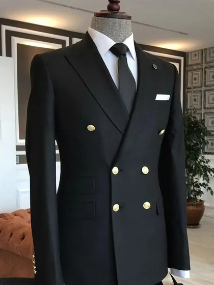 Another view of the black double-breasted suit, showcasing its sharp tailoring and confident style.