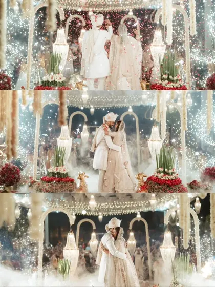 A collage of the couple's grand Varmala ceremony, complete with a stunning stage, smoke effects, and sparklers.