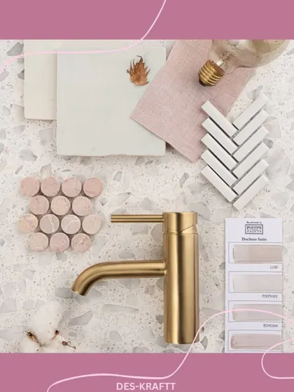 A material and color palette for a blush-toned bathroom, showing our process of selecting tiles, finishes, and fixtures to create a cohesive and elegant look.