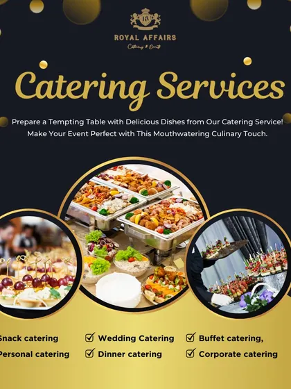 A summary of my catering services. I provide everything from snack and personal catering to large-scale wedding, buffet, and corporate catering, all with a mouthwatering culinary touch.