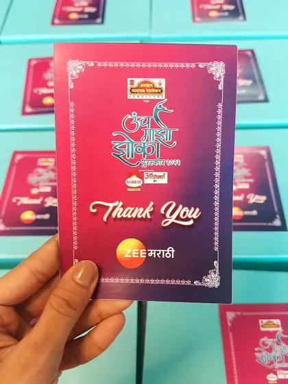 The personalized "Thank You" card we designed for the Zee Marathi Awards gift hampers, showing how we tailor every element to the client's event and language.