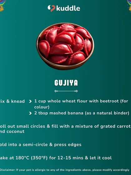 Here's a recipe for dog-friendly Gujiya. We use whole wheat flour with beetroot for color and a filling of grated carrot and coconut. Just bake and serve for a festive, crunchy snack.