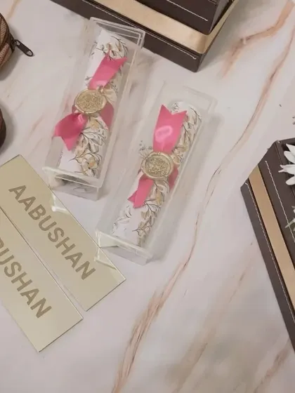 The little details matter in corporate gifting. Here we are preparing personalized nameplates and elegant scroll invites for the Aabushan brand launch hampers.