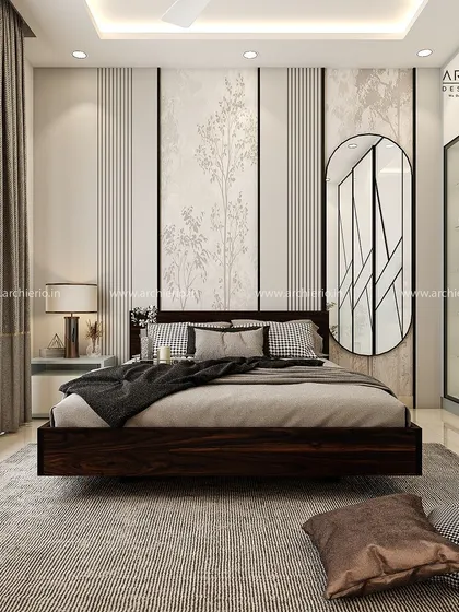 A serene bedroom with a floating bed design that creates a sense of spaciousness. The textured wallpaper and vertical panels behind the bed add depth and character.