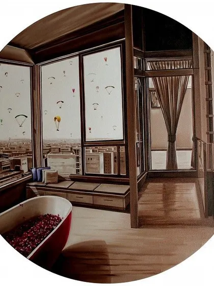 I admire the way this artist uses perspective to create a sense of surreal intimacy. The circular frame gives us a voyeuristic look into a private space, while the parachutes outside the window add a layer of dreamlike mystery.