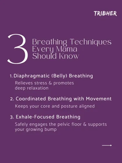 Here are three breathing techniques every mom should know: Diaphragmatic (Belly) Breathing for relaxation, Coordinated Breathing for alignment, and Exhale-Focused Breathing for pelvic floor support.