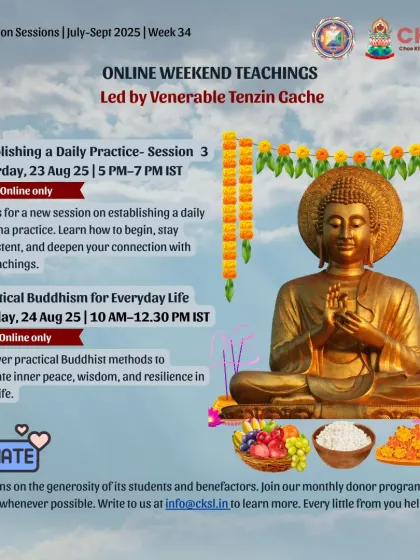 An online teaching announcement for "Practical Buddhism for Everyday Life" and "Establishing a Daily Practice." The image of a Buddha statue with offerings signifies the devotion and positive energy we cultivate.