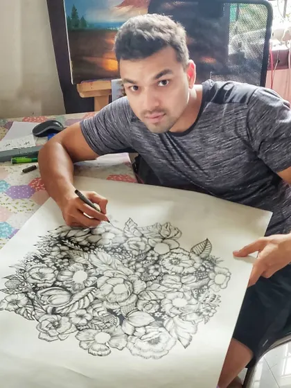 In my studio, working on the large floral ink illustration. This piece required a lot of patience and a steady hand, and I enjoyed every moment of its creation.