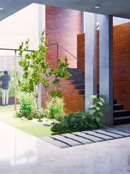 A 3D render of the Vijaynagar Residence, illustrating our concept for an indoor-outdoor living experience. The design centers around a lush courtyard that integrates with the living and dining areas.