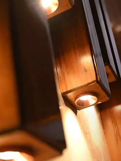 These unique wooden pillar lights are individually controlled by our system, allowing for artistic and dramatic accent lighting effects.