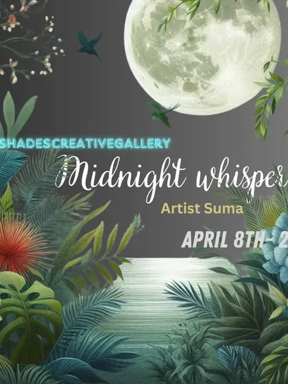 The enchanting poster for "Midnight Whispers," a solo exhibition by artist Suma featuring acrylic paintings of moonlit gardens.