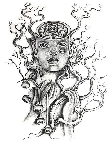 A surreal portrait about the state of mind. The figure's head is open, revealing a brain, while extra eyes are held like balloons, symbolizing scattered thoughts and perceptions.