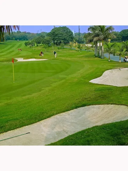 A wide shot of the manicured greens and sand traps at the DLF Golf Course. This real estate photograph is meant to appeal to enthusiasts by showcasing the quality and beauty of the course.