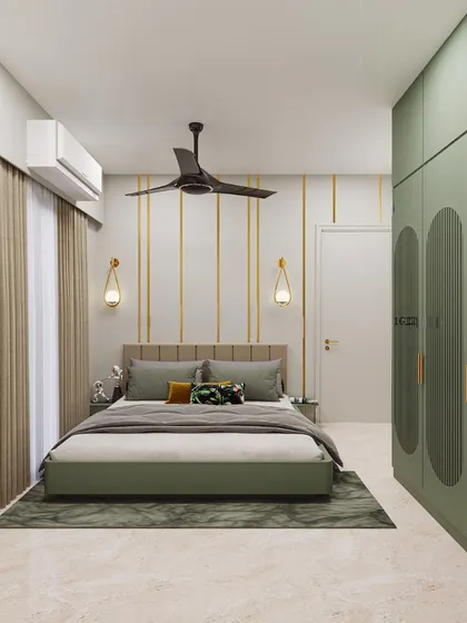 A bedroom where the wardrobe is a centerpiece. The sage green color and arched door details bring a sense of calm and sophistication.