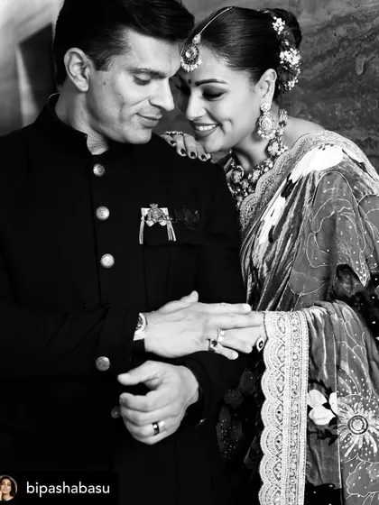 "Monkey love" in monochrome. This black and white portrait of Bipasha Basu and Karan Singh Grover adds a timeless, classic feel to their beautiful connection.