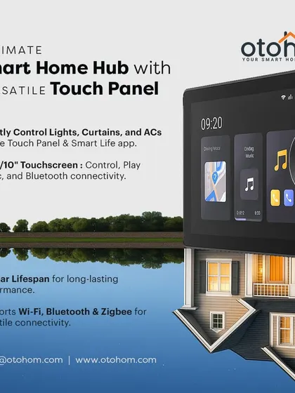 Our ultimate Smart Home Hub is designed to elevate your lifestyle. This conceptual image shows how our central touch panel acts as the heart of your home, reflecting modern elegance and control.