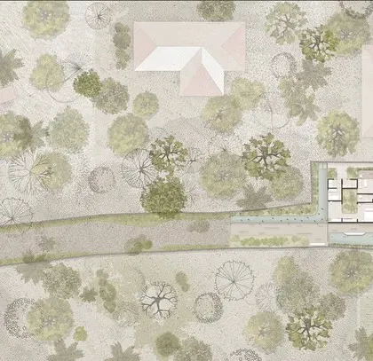 The site plan for the House of Veils shows how the building is placed on a plot with limited views. This constraint led us to design an inward-looking house that creates its own world through a series of internal courtyards and screened spaces.