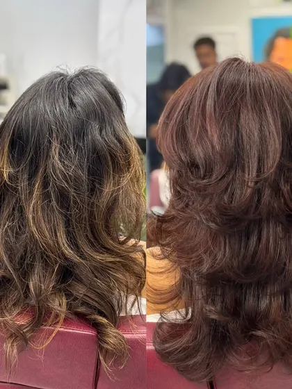A back view of the reddish-chocolate transformation, showing how the new layers and color work together.