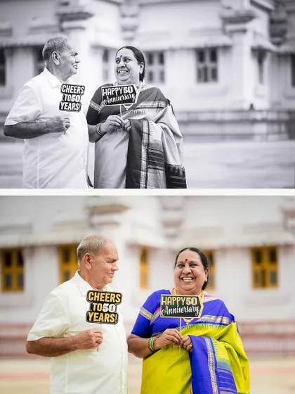 A fun collage of a couple celebrating their 50th anniversary with "Cheers to 50 Years" signs, captured in both color and black and white.