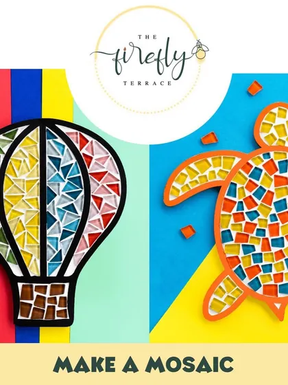 Make a mosaic! We have so many fun shapes to choose from, like this hot air balloon and turtle. It's a perfect walk-in activity for a relaxing afternoon of creativity.