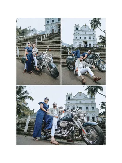 A cool and stylish pre-wedding collage featuring the couple with a Harley Davidson motorcycle in front of a classic Goan church.