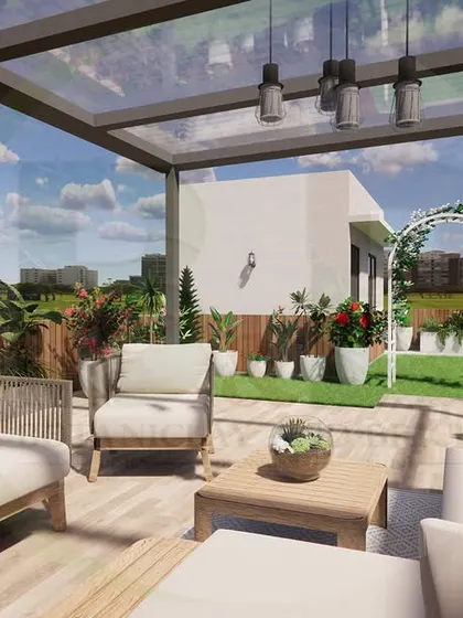 A 3D render of a bright and airy terrace lounge under a glass-roofed pergola. The design includes modern wicker furniture, a small lawn patch, and a decorative archway, creating a multi-functional and stylish space.