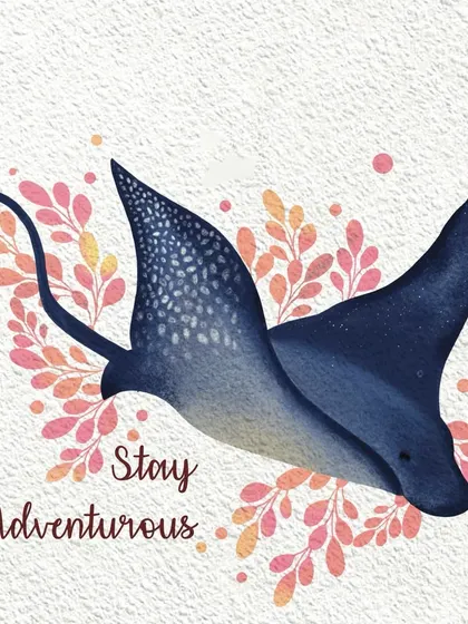 This digital painting of a stingray is a reminder to 'Stay Adventurous'. The contrast between the deep blue of the ray and the pink foliage creates a vibrant and dynamic composition.