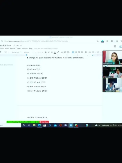 This screenshot shows a live math class where we are working on a fractions worksheet together. The student can see the problems on the shared screen, and we solve them in real-time.