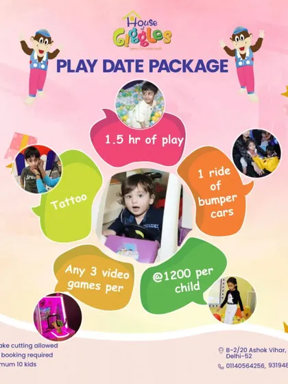 Our Play Date Package is perfect for a day of fun. It includes playtime, a bumper car ride, video games, and a tattoo for just 1200 per child.