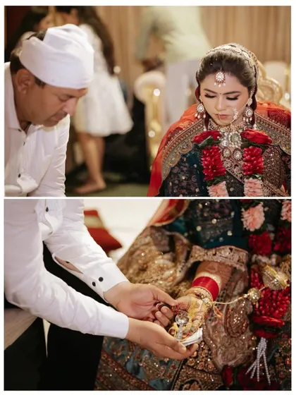 A collage showing the father of the bride performing a wedding ritual, a poignant and emotional moment of the ceremony.