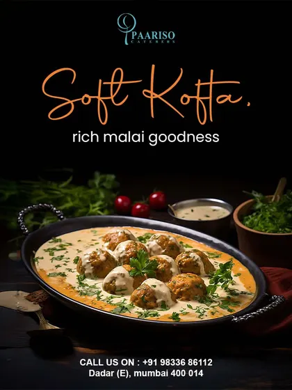 Indulge in our Malai Kofta, featuring soft vegetable and paneer dumplings floating in a rich, creamy, and mildly sweet cashew-based gravy. This luxurious dish is a highlight of our special event menus.