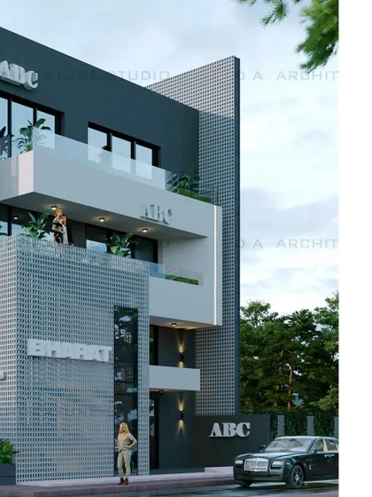 A 3D visualization of a modern commercial facade in Gurgaon, Ireo City, featuring a bold design with jali screens and cantilevered balconies.