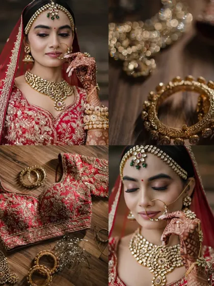 A collage of the bride's getting-ready shots, focusing on the details of her jewelry and makeup.