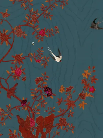 The Wilde Dreams colorway of our Folly design features gracefully embroidered swallows that appear to dance across a deep teal sky, symbolizing an enduring connection and adding a touch of poetic movement to the walls.