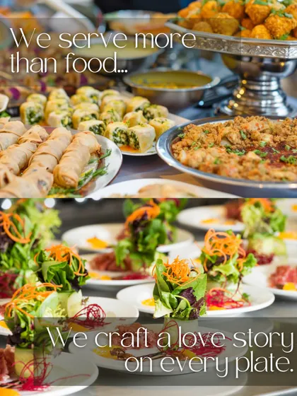 We serve more than food; we craft a love story on every plate. This collage shows our buffet spreads and elegantly plated salads, perfect for a wedding celebration.