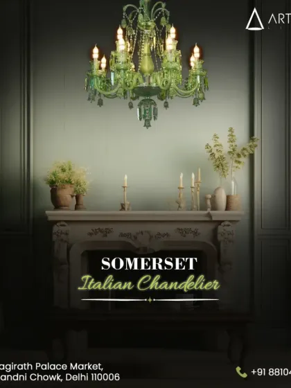 For a touch of classic European artistry, I offer pieces like this Somerset Italian chandelier. The unique green glass and intricate detailing make it a rare masterpiece that adds a bold yet timeless element to any room.