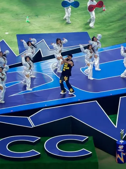 An aerial view of Badshah's performance on the custom-built ICC stage during the T20 World Cup opening ceremony. Our team was responsible for the stage design, construction, and on-field logistics.