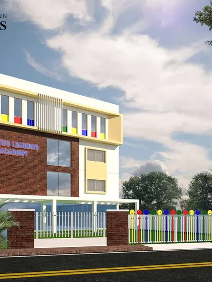 A 3D render for a proposed school in HSR Layout, illustrating a child-friendly design with colorful accents on the facade and gate.