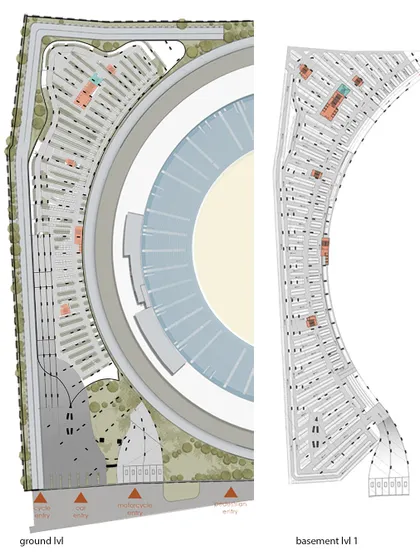 The ground level and basement plans for the parking facility.