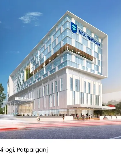 The rendering of Max Nirogi hospital highlights the integration of green terraces within the building's facade. These outdoor spaces are essential for promoting mental well-being and connecting patients with nature.