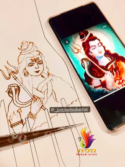 A practice sketch of Lord Shiva, based on a reference image from a phone. This shows how I can replicate complex images with henna.
