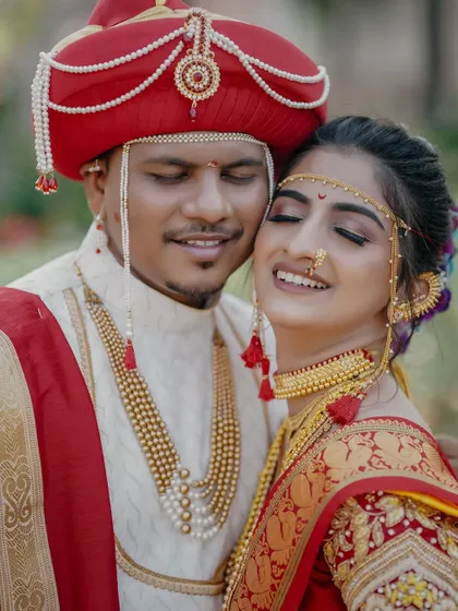 The quiet moments are often the most powerful. This close-up of a Maharashtrian couple captures the deep connection and 'sukoon' shared between them, highlighting the beautiful details of their traditional wedding attire.
