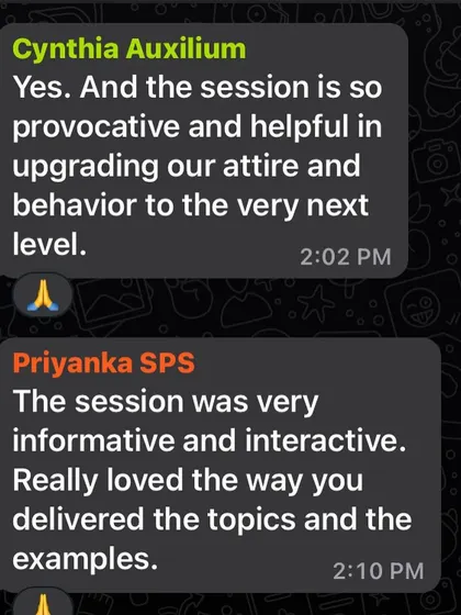 Interactive and informative sessions are my goal. This feedback from participants highlights how my workshops help people think differently about their attire and behavior to upgrade their image.