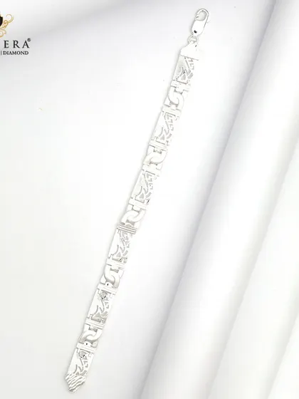 A men's silver bracelet with unique, stylized links. This piece is perfect for making the wrist a center of attention.