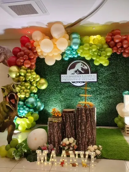 A centered shot of the Jurassic World stage, perfect for capturing birthday memories.