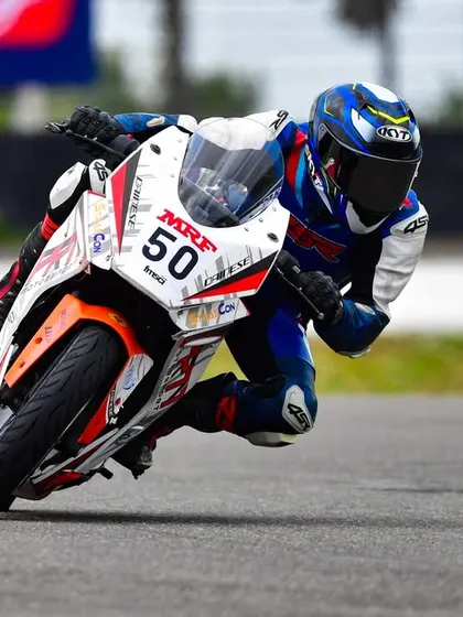 Rohith in a full lean during his INMRC race. He's steadily finding his balance and confidence with the new machine.