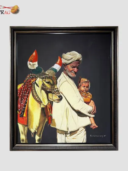 A heartwarming painting by Parshuram Patil of a grandfather and his grandchild with a decorated Nandi, capturing a moment of intergenerational love and tradition.